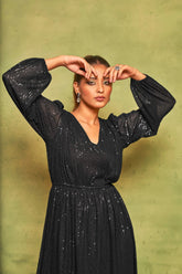 Rich Black Sequin Cocktail Dress | V-Neck Flared Elegance